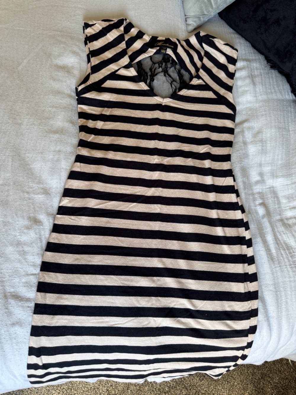 Monteau Black and Cream Striped Dress with Lace Back Detail